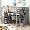 Full Size Loft Bed with Desk and Shelves, Two Built-in Drawers, Storage Staircase, Gray