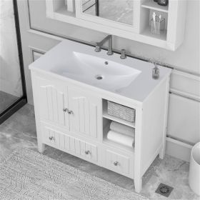 [VIDEO] 36" Bathroom Vanity with Ceramic Basin, Bathroom Storage Cabinet with Two Doors and Drawers, Solid Frame, Metal Handles, White