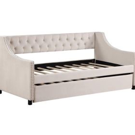 Upholstered Daybed with Trundle, Twin Size Frame, Beige Velvet