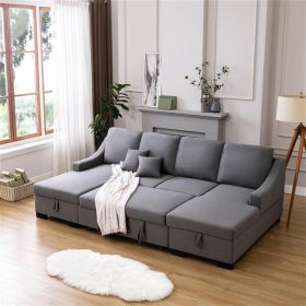 Upholstery Sleeper Sectional Sofa with Double Storage Spaces, 2 Tossing Cushions, Grey