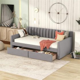 Twin Size Upholstered daybed with Drawers, Wood Slat Support, Gray