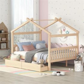 Full Size Wooden House Bed with Drawers, Natural