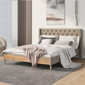 Upholstered Platform Bed with Rubber Wood Legs,No Box Spring Needed, Linen Fabric,Queen Size-Beige