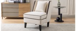 Velvet Upholstered Accent Chair with Black Piping, Cream and Black