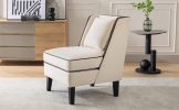 Velvet Upholstered Accent Chair with Black Piping, Cream and Black