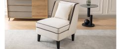 Velvet Upholstered Accent Chair with Black Piping, Cream and Black