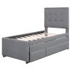 Twin Size Upholstered Platform Bed with Pull-out Twin Size Trundle and 3 Drawers, Gray