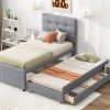 Twin Size Upholstered Platform Bed with Pull-out Twin Size Trundle and 3 Drawers, Gray