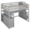 Full Size Loft Bed with Desk and Shelves, Two Built-in Drawers, Storage Staircase, Gray