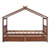 Twin Size Wooden House Bed with Drawers, Walnut