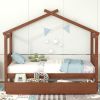 Twin Size Wooden House Bed with Drawers, Walnut