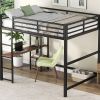 Full Size Metal Loft Bed with Built-in Desk and Storage Shelves, Black