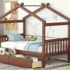 Twin Size Wooden House Bed with Drawers, Walnut