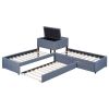 L-shaped Upholstered Platform Bed with Trundle and Two Drawers Linked with built-in Desk,Twin,Gray