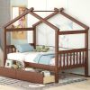 Twin Size Wooden House Bed with Drawers, Walnut