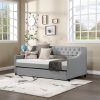 Twin Size Upholstered Daybed with Trundle,Sturdy Wood Bedframe w/ Bedframe Tufted Button & Copper Nail on Arms Design,Perfect for Bedroom,Guest Room F