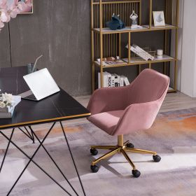 Modern Velvet Adjustable Height 360 Revolving Home Office Chair With Gold Metal Legs And Universal Wheel For Indoor (Color: Pink)