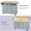 Kitchen Cart with Rubber wood Drop-Leaf Countertop ,Cabinet door internal storage racks,Kitchen Island on 5 Wheels with Storage Cabinet and 3 Drawers